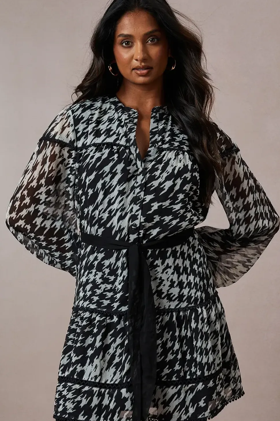 Dogtooth Chiffon Contrast Belted Mini Dress