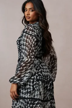 Dogtooth Chiffon Contrast Belted Mini Dress