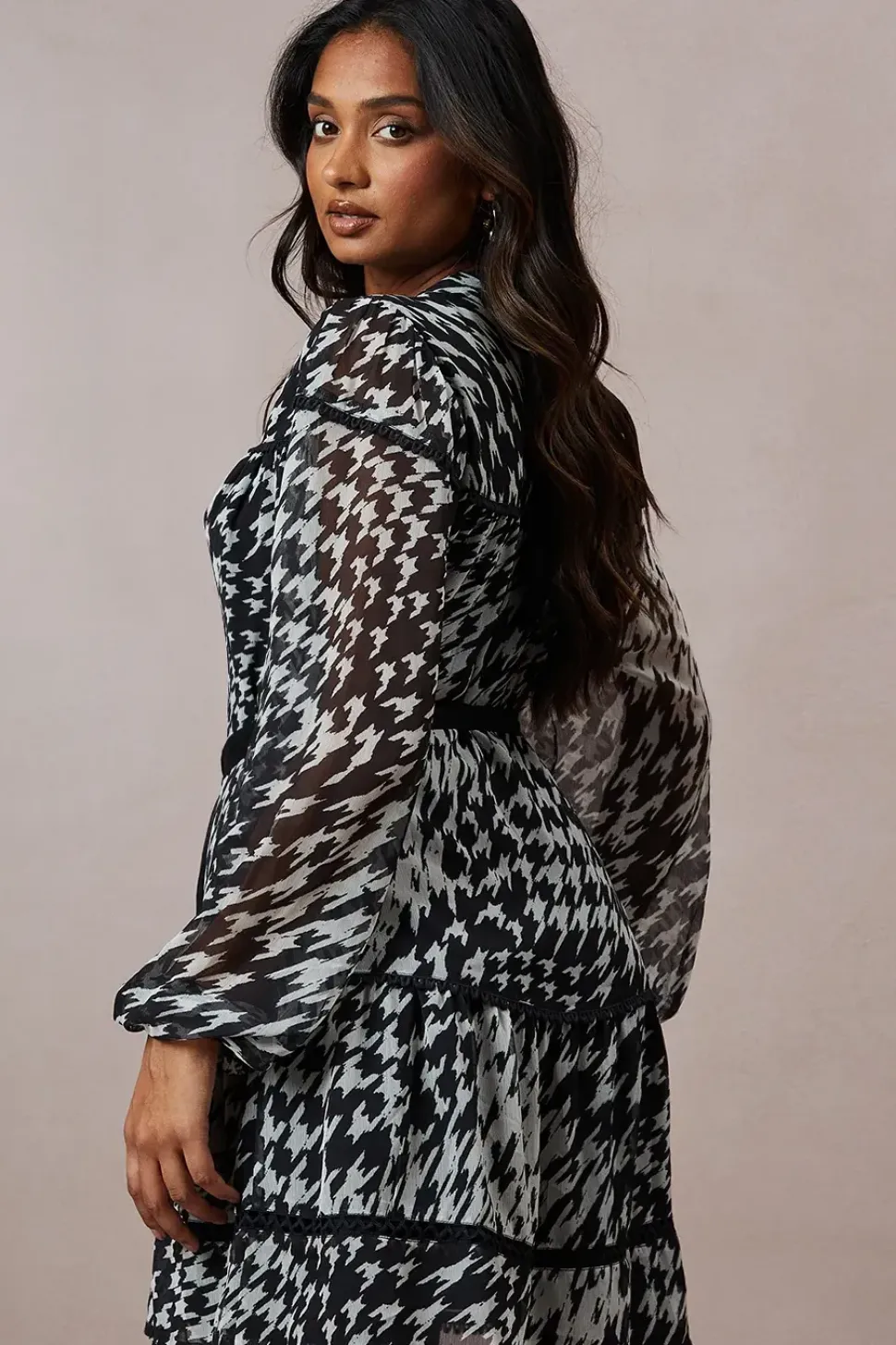 Dogtooth Chiffon Contrast Belted Mini Dress
