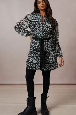 Dogtooth Chiffon Contrast Belted Mini Dress