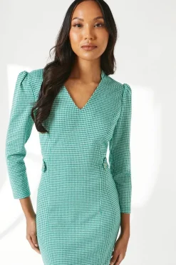 Dogtooth Jacquard Tab Belt Midi Dress