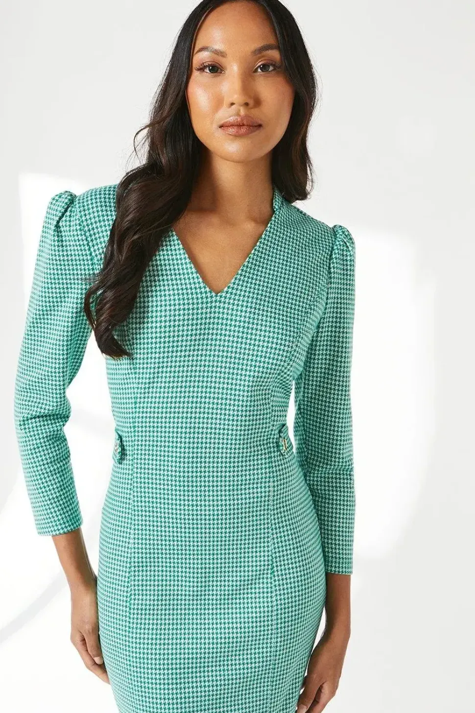 Dogtooth Jacquard Tab Belt Midi Dress