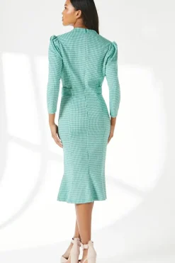 Dogtooth Jacquard Tab Belt Midi Dress