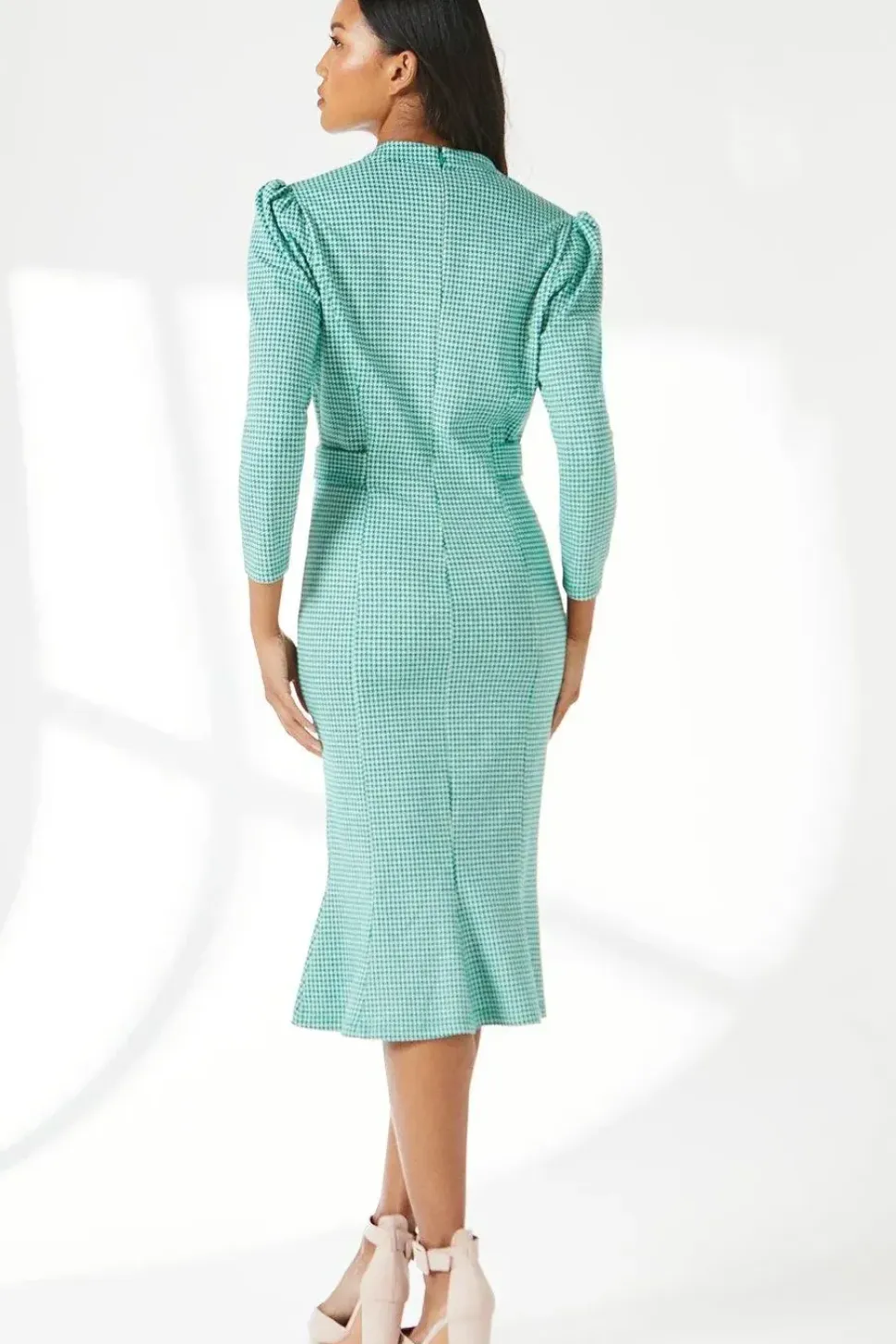 Dogtooth Jacquard Tab Belt Midi Dress
