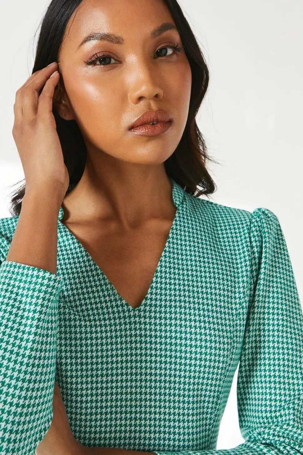 Dogtooth Jacquard Tab Belt Midi Dress