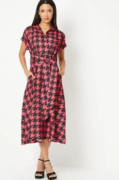 Dogtooth Print Front Tie Shirt Midi Dress