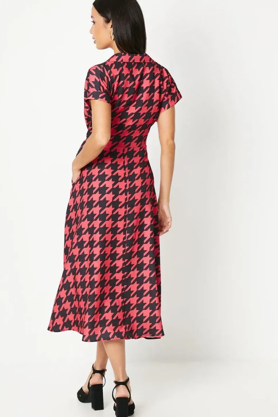 Dogtooth Print Front Tie Shirt Midi Dress