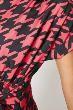 Dogtooth Print Front Tie Shirt Midi Dress