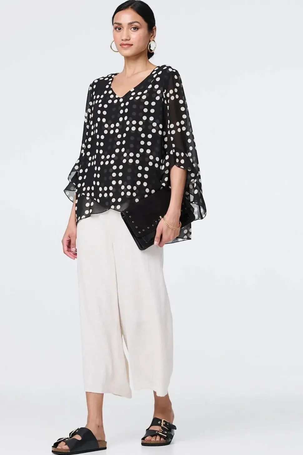 Dot Print Semi Sheer Flare Sleeve Blouse