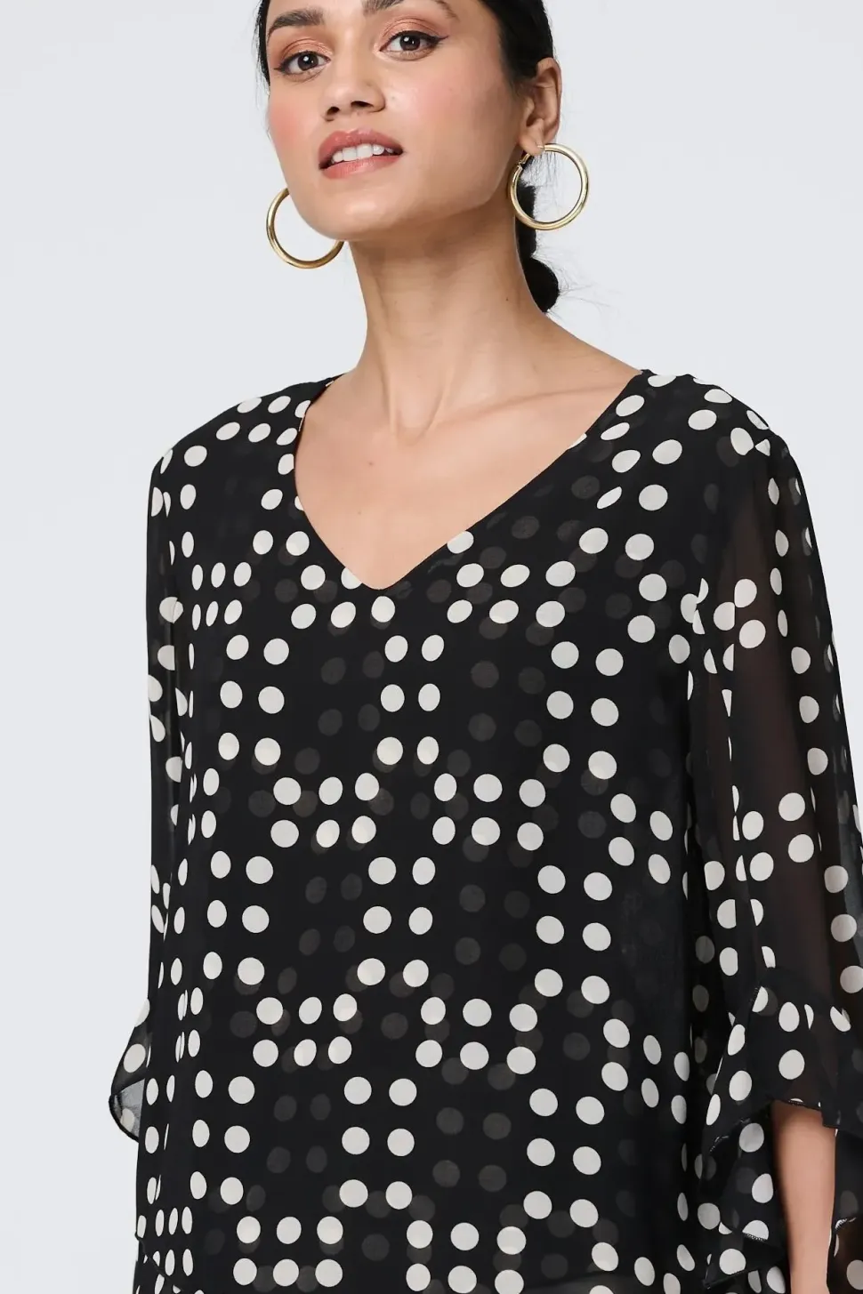 Dot Print Semi Sheer Flare Sleeve Blouse