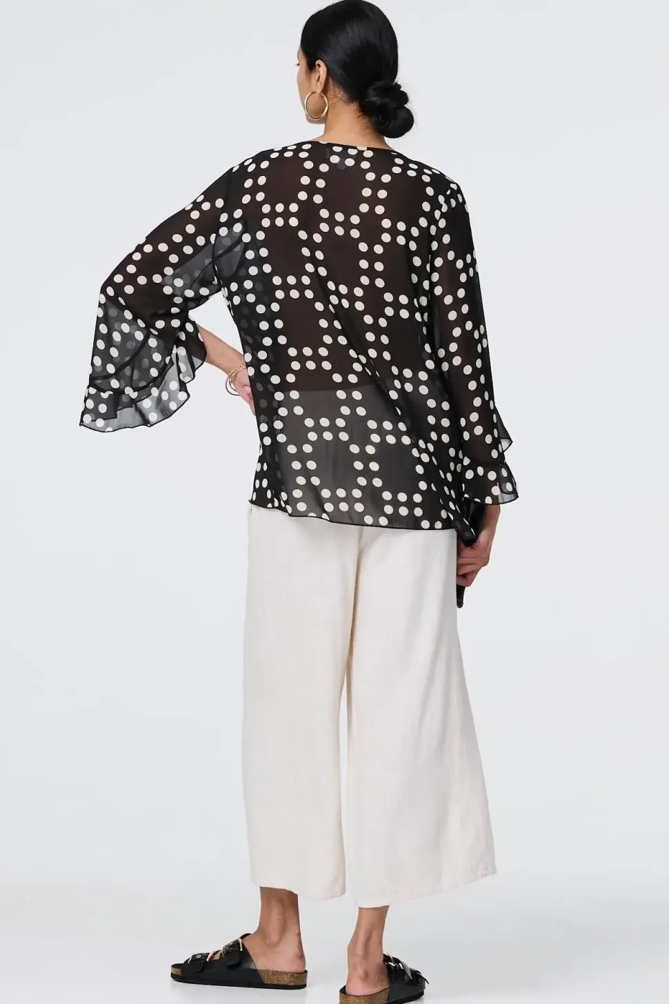 Dot Print Semi Sheer Flare Sleeve Blouse