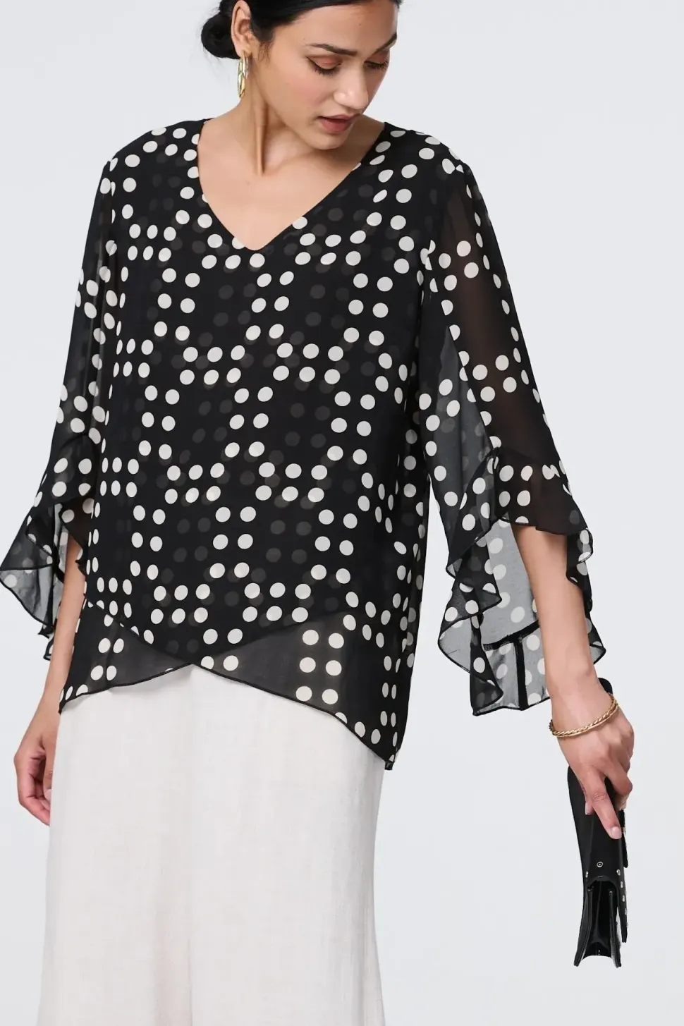 Dot Print Semi Sheer Flare Sleeve Blouse