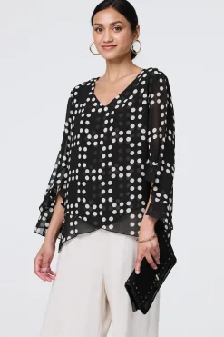 Dot Print Semi Sheer Flare Sleeve Blouse