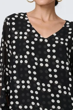 Dot Print Semi Sheer Flare Sleeve Blouse