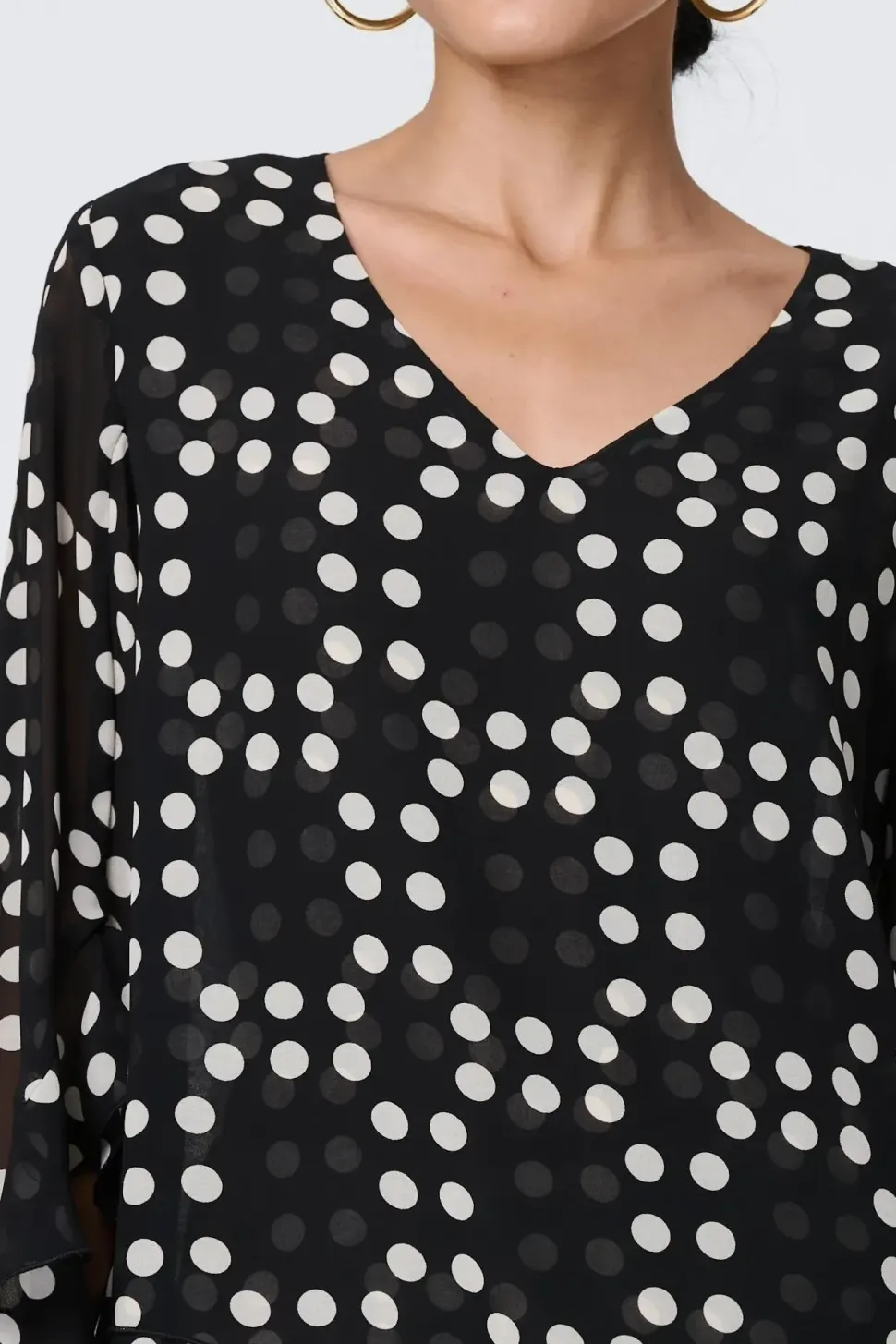 Dot Print Semi Sheer Flare Sleeve Blouse