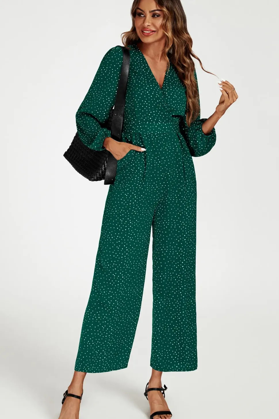 Dot Print Wrap Jumpsuit In Green