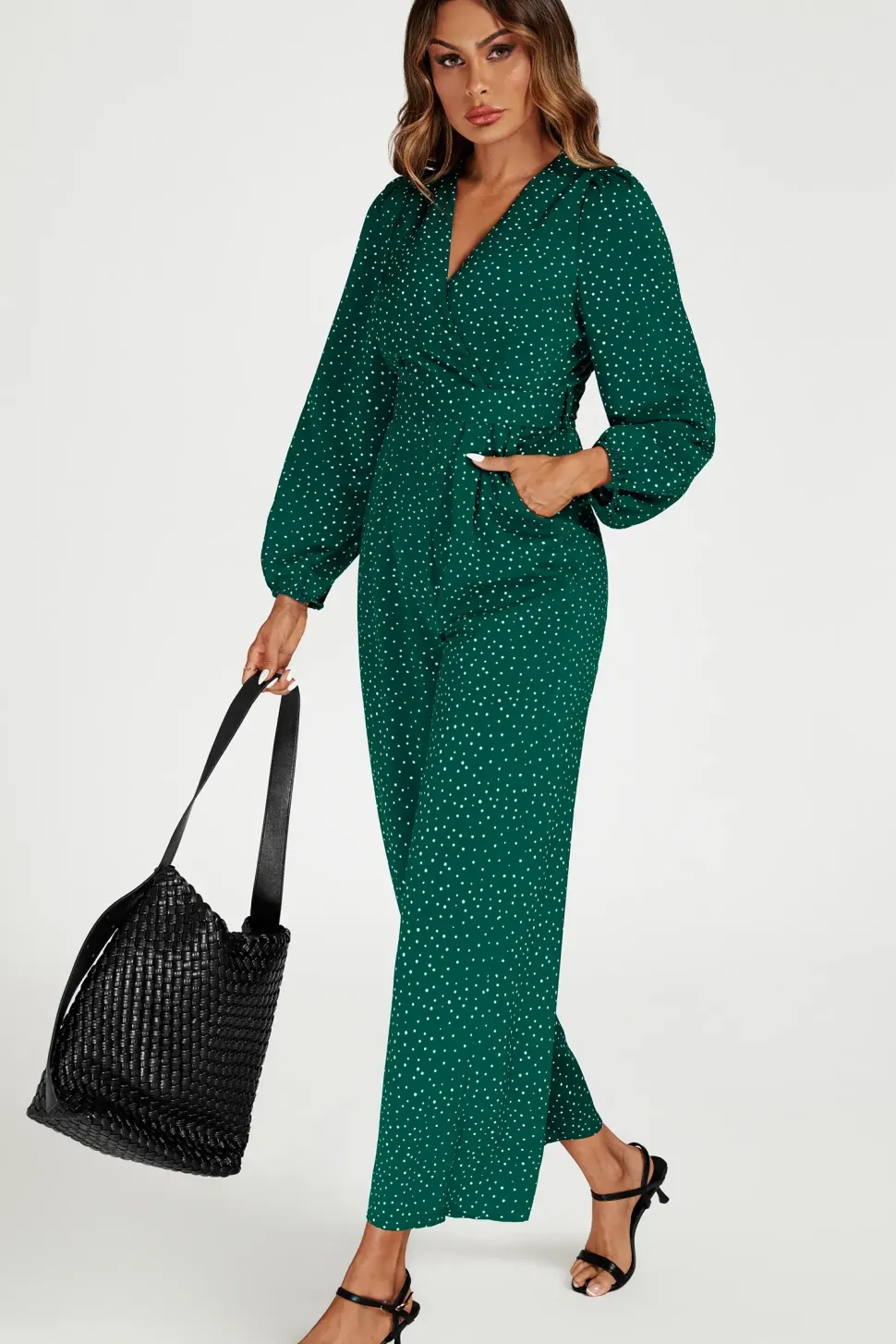 Dot Print Wrap Jumpsuit In Green