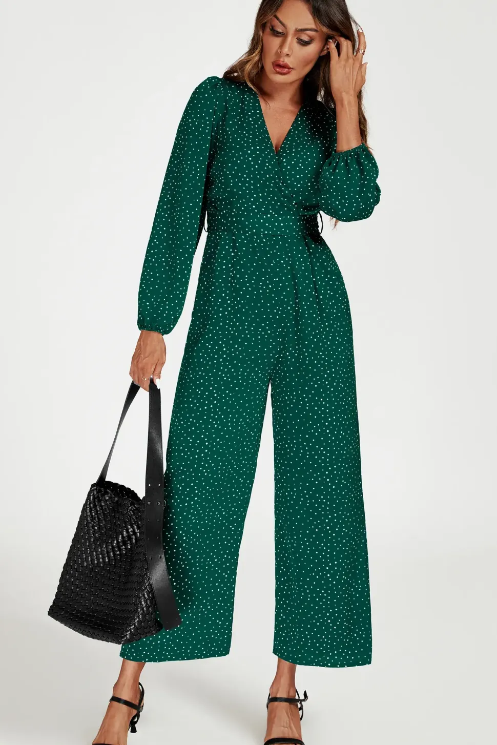 Dot Print Wrap Jumpsuit In Green