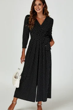 Dot Print Wrap Top Jumpsuit Dress In Black