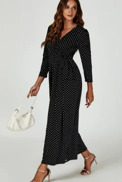 Dot Print Wrap Top Jumpsuit Dress In Black