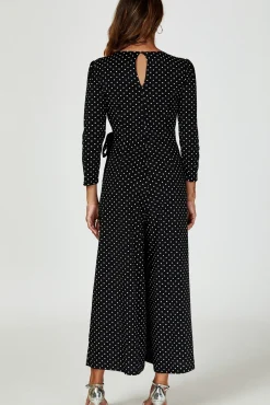 Dot Print Wrap Top Jumpsuit Dress In Black