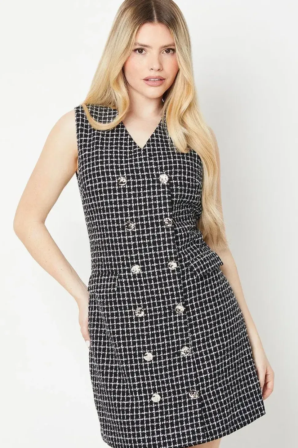 Double Breasted Boucle Check Shift Dress