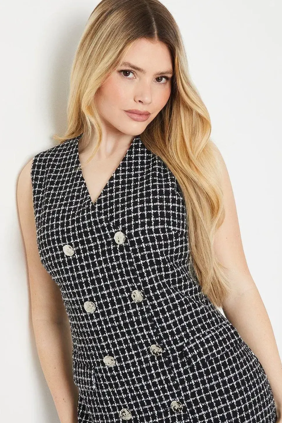Double Breasted Boucle Check Shift Dress