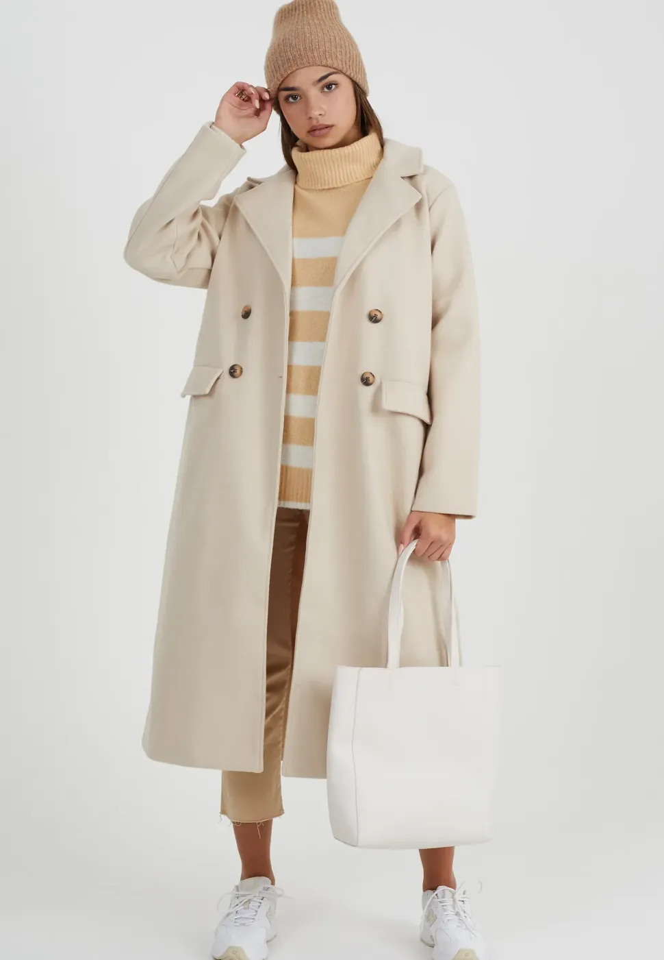 Double Breasted Faux Wool Longline Coat