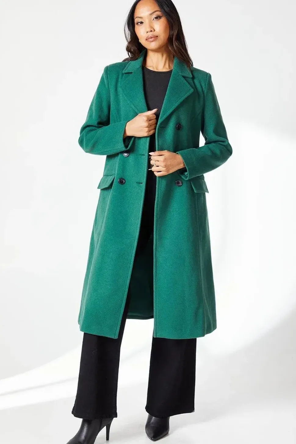 Double Breasted Fitted Faux Wool Midi Coat