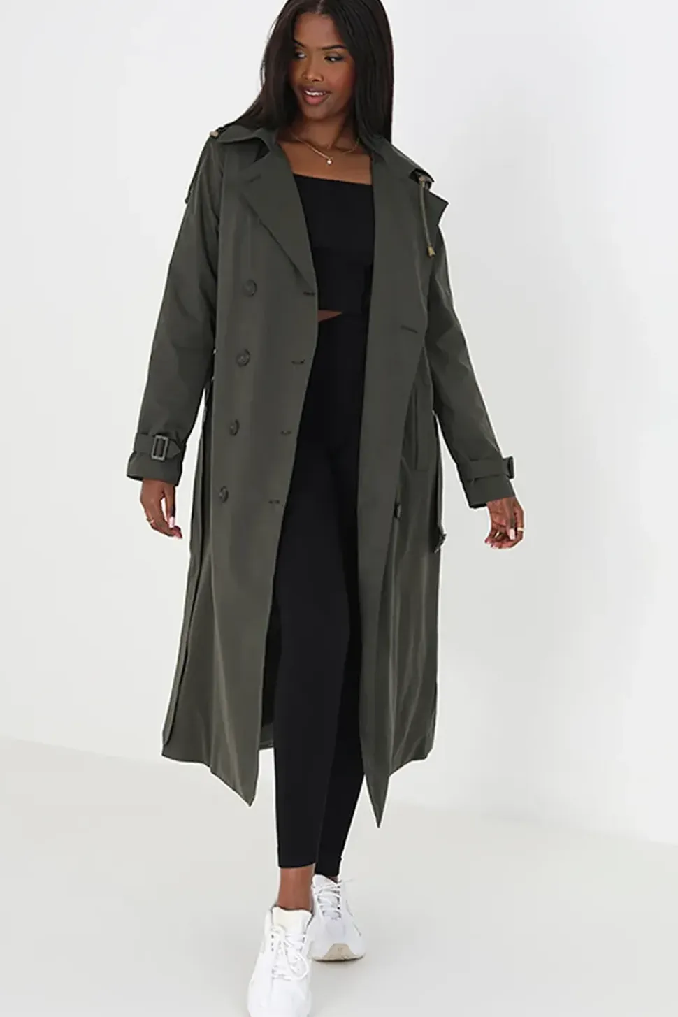Double-Breasted Longline Trench Coat with Detachable Hood