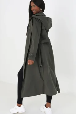Double-Breasted Longline Trench Coat with Detachable Hood