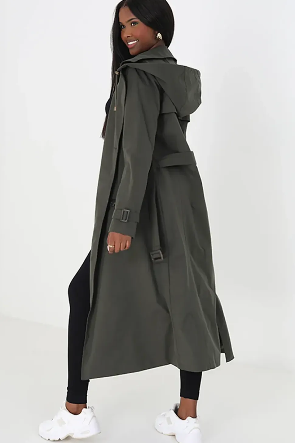 Double-Breasted Longline Trench Coat with Detachable Hood