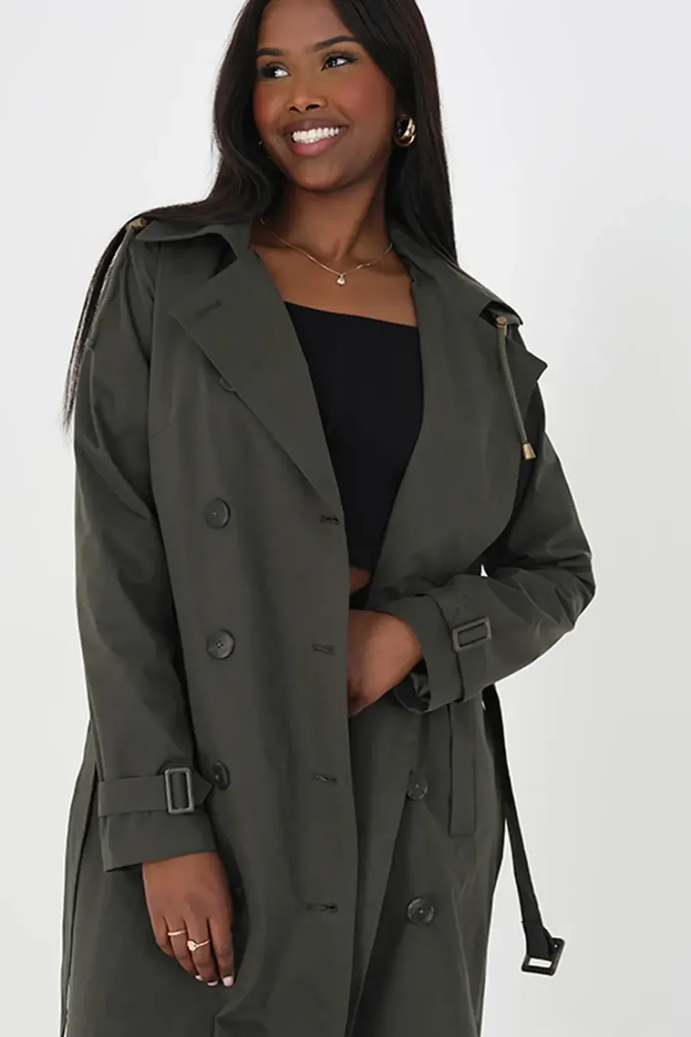Double-Breasted Longline Trench Coat with Detachable Hood