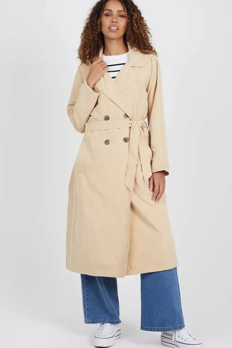 Double-Breasted Longline Trench Coat with Raglan Sleeves