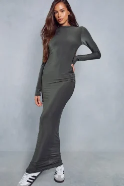 Double Layer Slinky High Neck Ruched Detail Maxi Dress