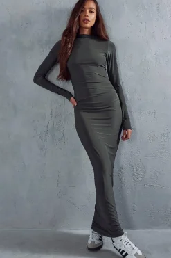 Double Layer Slinky High Neck Ruched Detail Maxi Dress