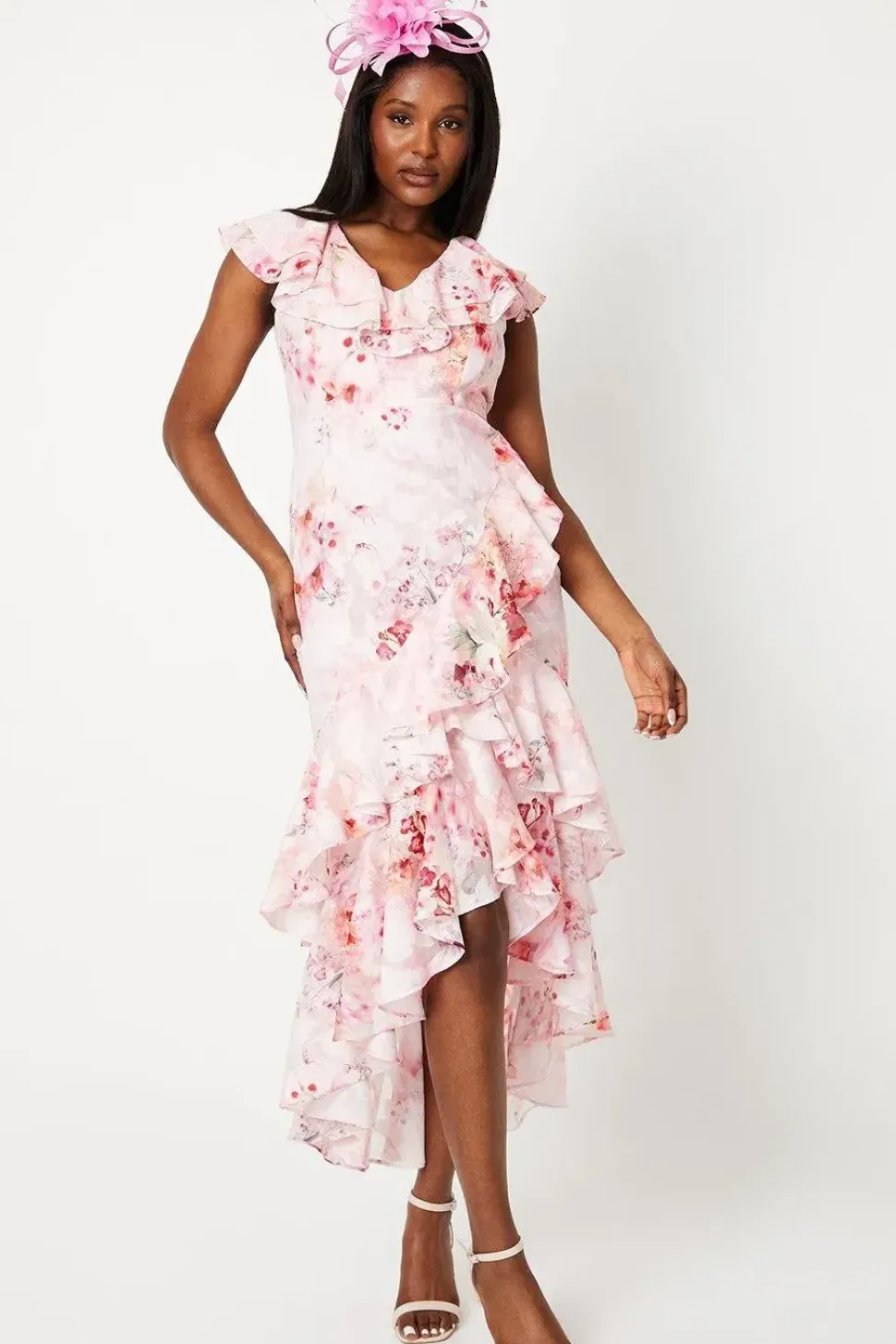 Double Ruffle Printed Georgette Jacquard Midi Dress