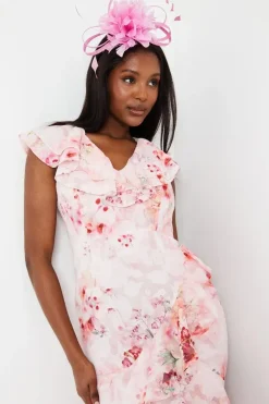 Double Ruffle Printed Georgette Jacquard Midi Dress