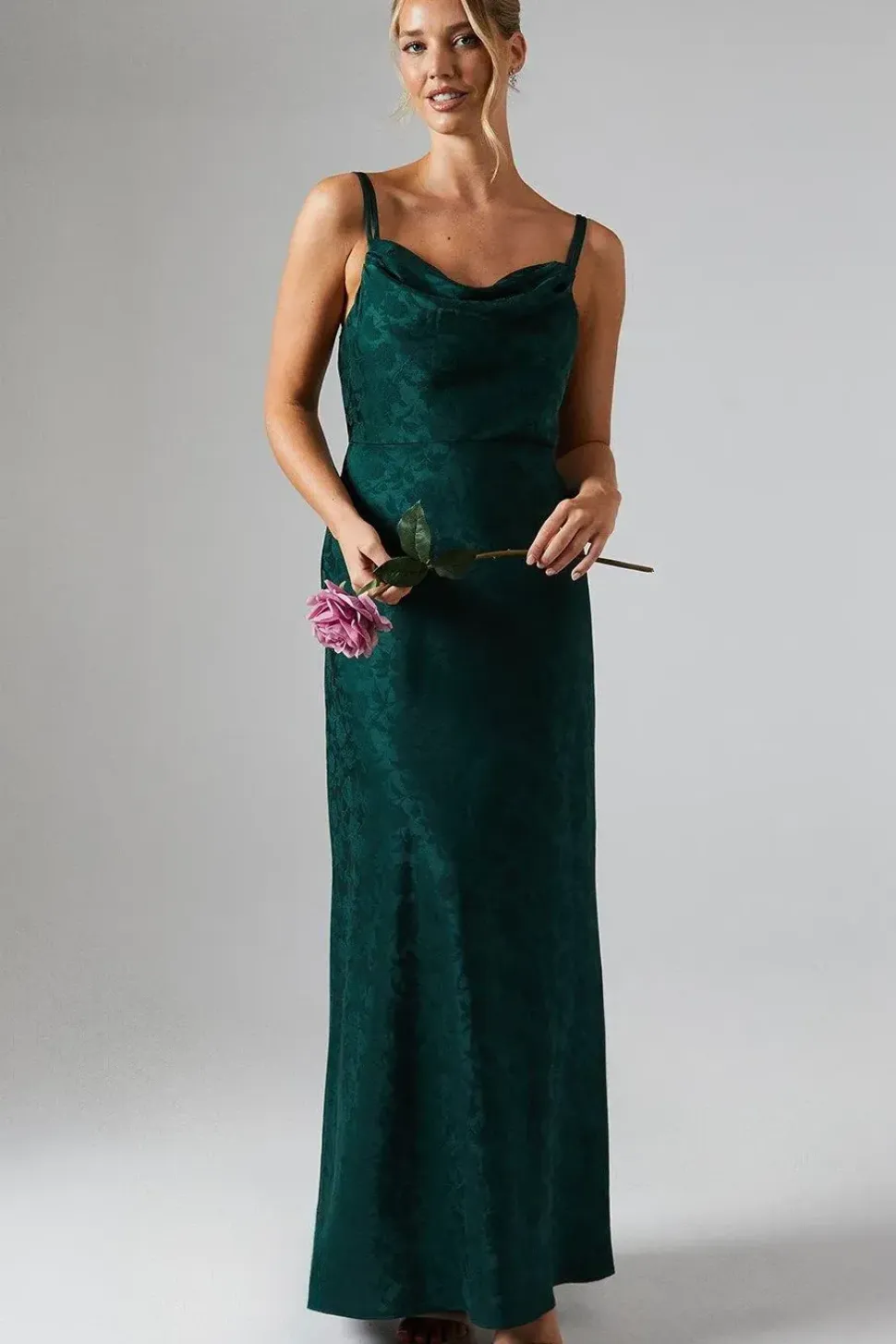Double Strap Cowl Neck Satin Jacquard Bridesmaids Dress