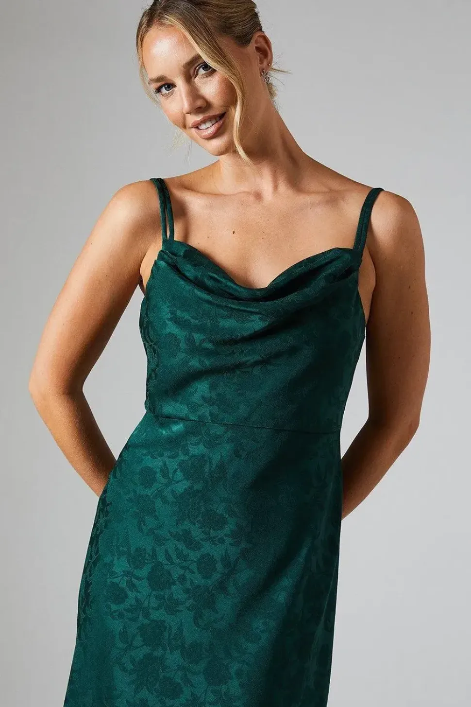 Double Strap Cowl Neck Satin Jacquard Bridesmaids Dress