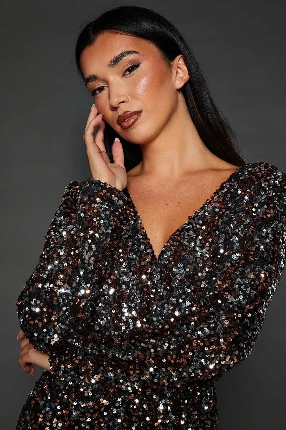 DP Luxe Multi Sequin Wrap Belted Midi Dress