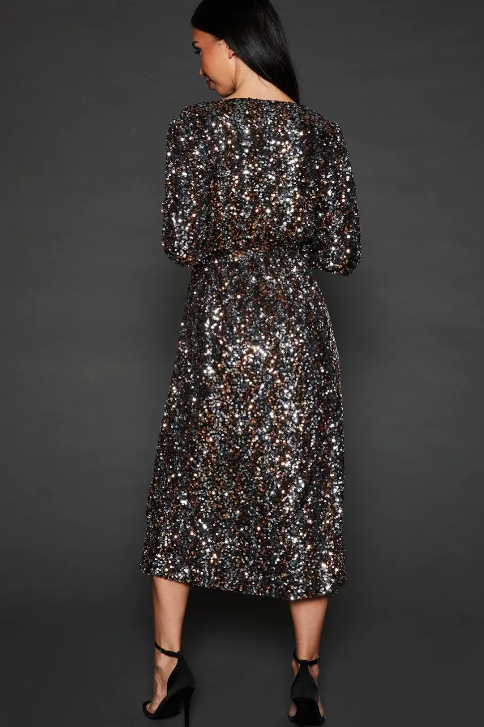 DP Luxe Multi Sequin Wrap Belted Midi Dress