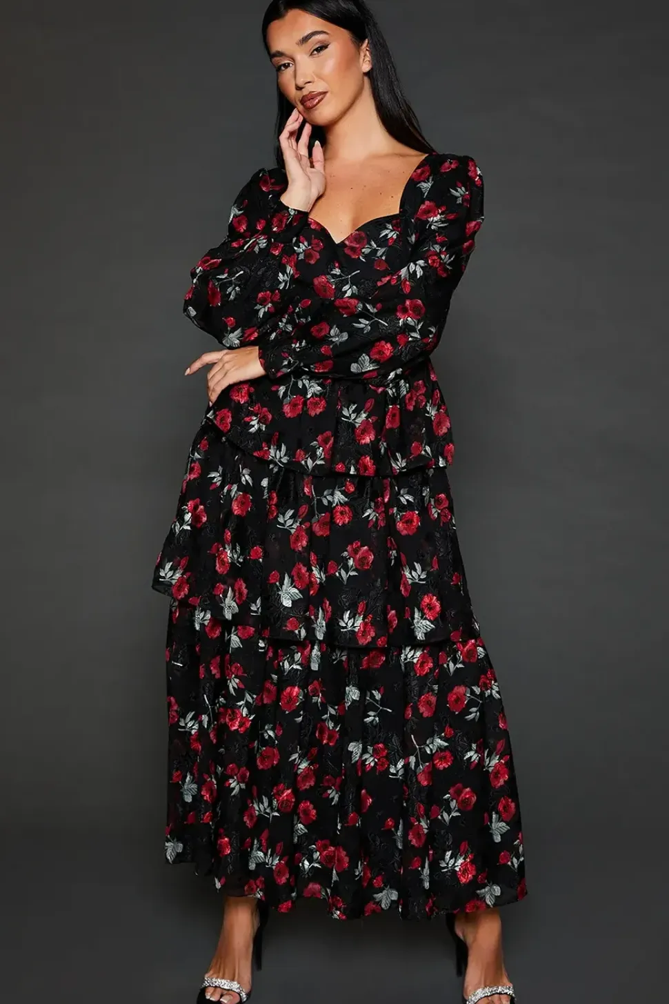 Dp Luxe Rose Devore Ruffle Midi Dress
