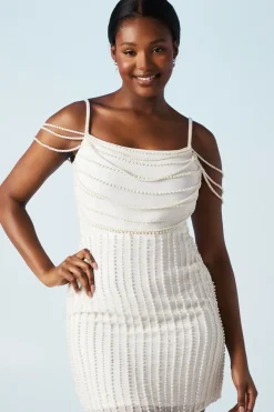 Drape Beaded Pearls Shoulder Detail Bridal Mini Dress