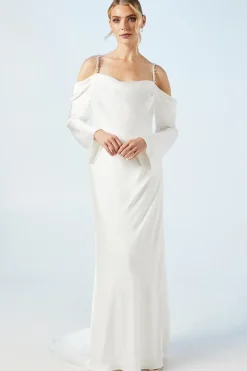 Drape Cold Shoulder Embellished Strap Wedding Dress