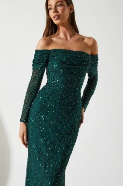 Draped Bardot Sequin Long Sleeve Maxi Dress