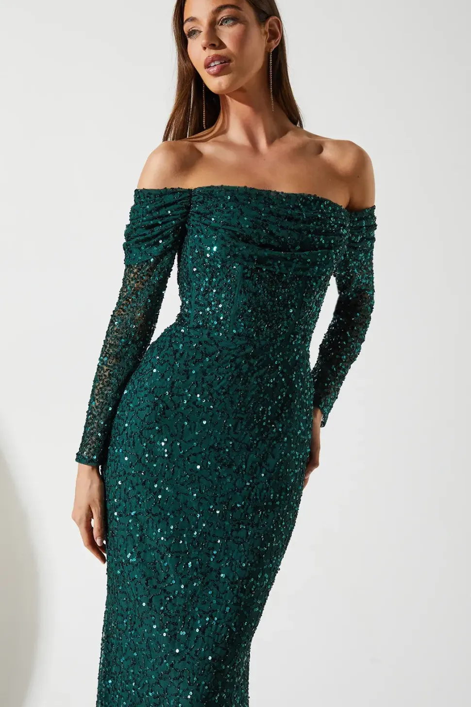 Draped Bardot Sequin Long Sleeve Maxi Dress