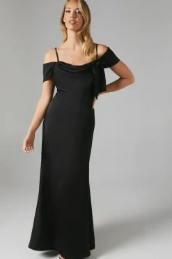 Draped Bardot Tie Detail Satin Bridesmaid Maxi Dress