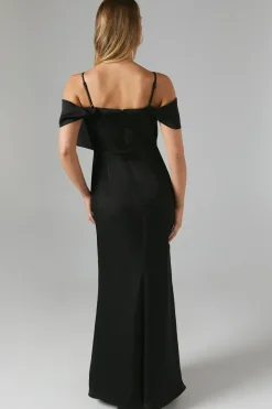 Draped Bardot Tie Detail Satin Bridesmaid Maxi Dress