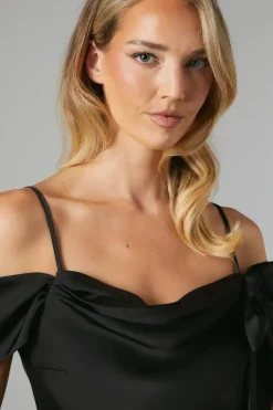 Draped Bardot Tie Detail Satin Bridesmaid Maxi Dress